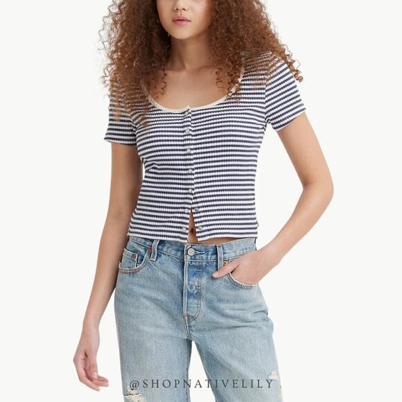 Levi's Women's Short Sleeve Britt Snap Front Ribbed Top Sz Medium, Green - Picture 1 of 7